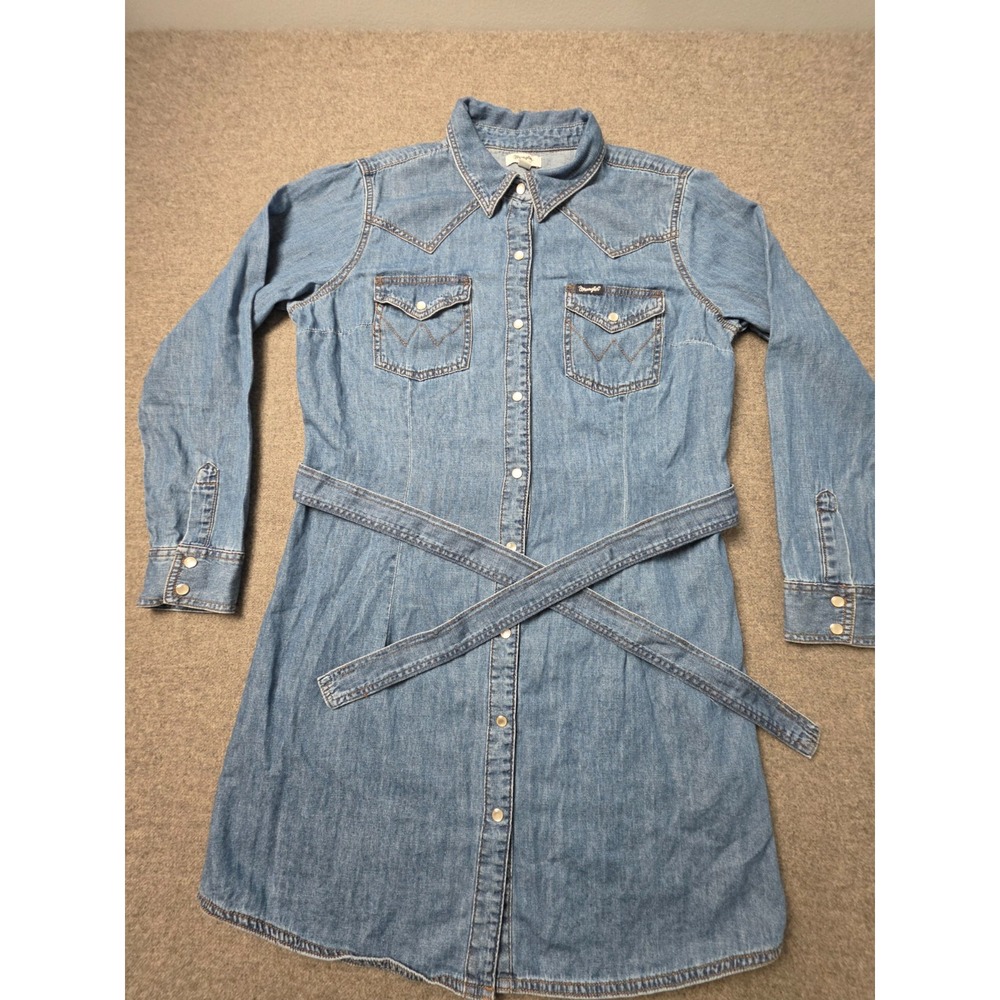 Wrangler Retro Western Shirt Dress Womens L Blue Denim Long Sleeve Belted Waist
